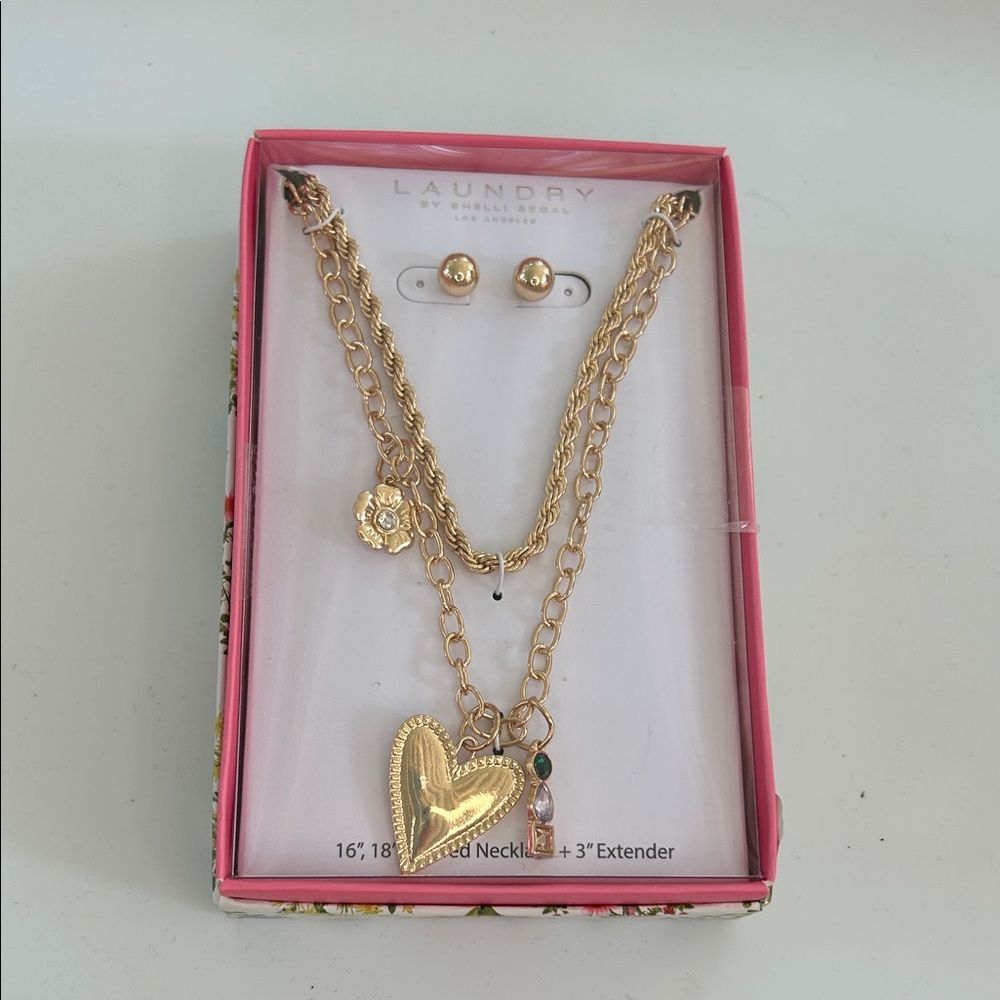 Laundry by Shelli Segal Gold Tone Heart Layered Necklace and Stud Earring Set